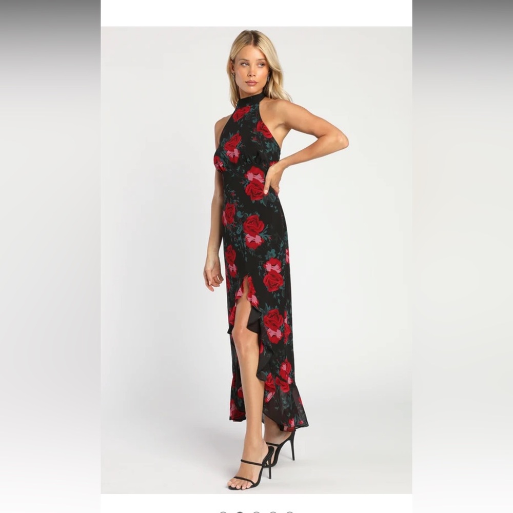 Elegant Entrance Black Red Floral Print Halter Maxi Dress